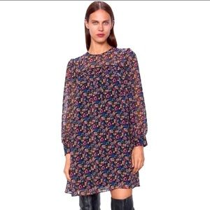 Zara Long Sleeve Floral/Black Baby Doll Dress Sheer Neckline & Sleeves Size L